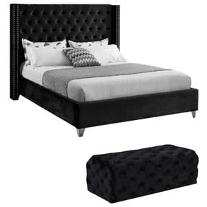 Home Square 2-Piece Set with Velvet Wing Back Queen Bed and Ottoman in Black