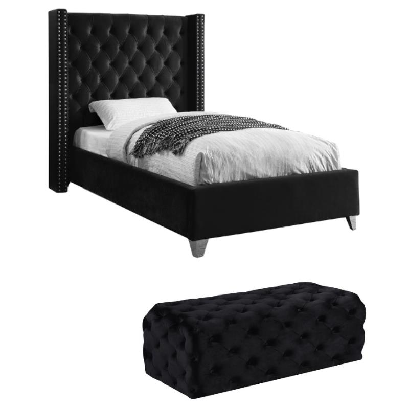 Home Square 2-Piece Set with Velvet Wing Back Twin Bed and Ottoman in Black