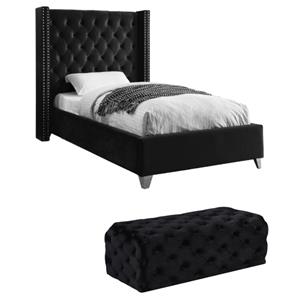 home square 2-piece set with velvet wing back bed and ottoman in black