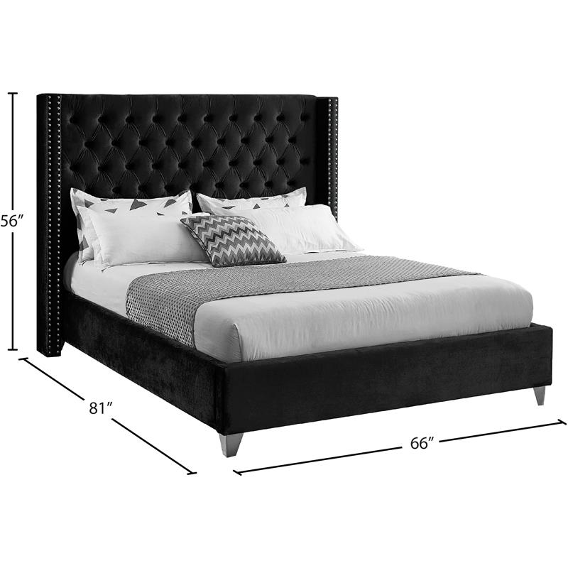 Home Square 2-Piece Set with Velvet Wing Back Full Bed and Ottoman in Black