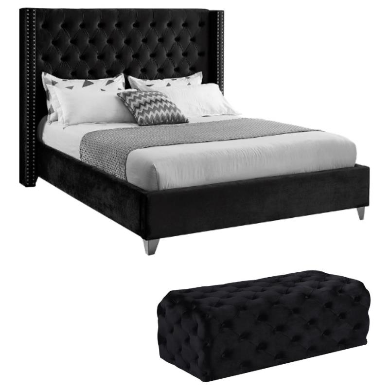 Home Square 2-Piece Set with Velvet Wing Back Full Bed and Ottoman in Black