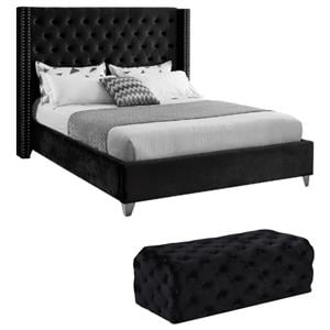 Home Square 2-Piece Set with Velvet Wing Back Full Bed and Ottoman in Black