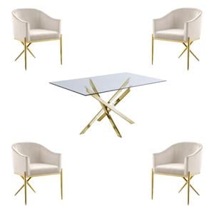 Home Square 5-Piece Set with Glass Dining Table and 4 Velvet Dining Chairs