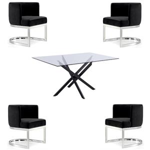 Home Square 5-Piece Set with Dining Table and 4 Velvet Dining Chairs in Black