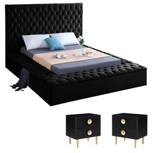 Home Square 3-Piece Set with Velvet Queen Bed and 2 Nightstands in Rich Black