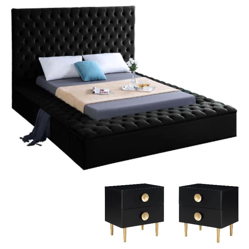Home Square 3-Piece Set with Velvet Full Bed and 2 Nightstands in Rich Black