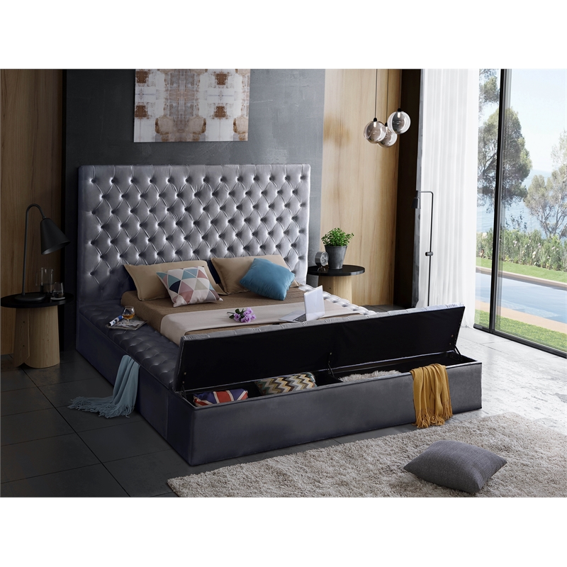 Home Square 3-Piece Set with Velvet King Bed and 2 Metal Nightstands