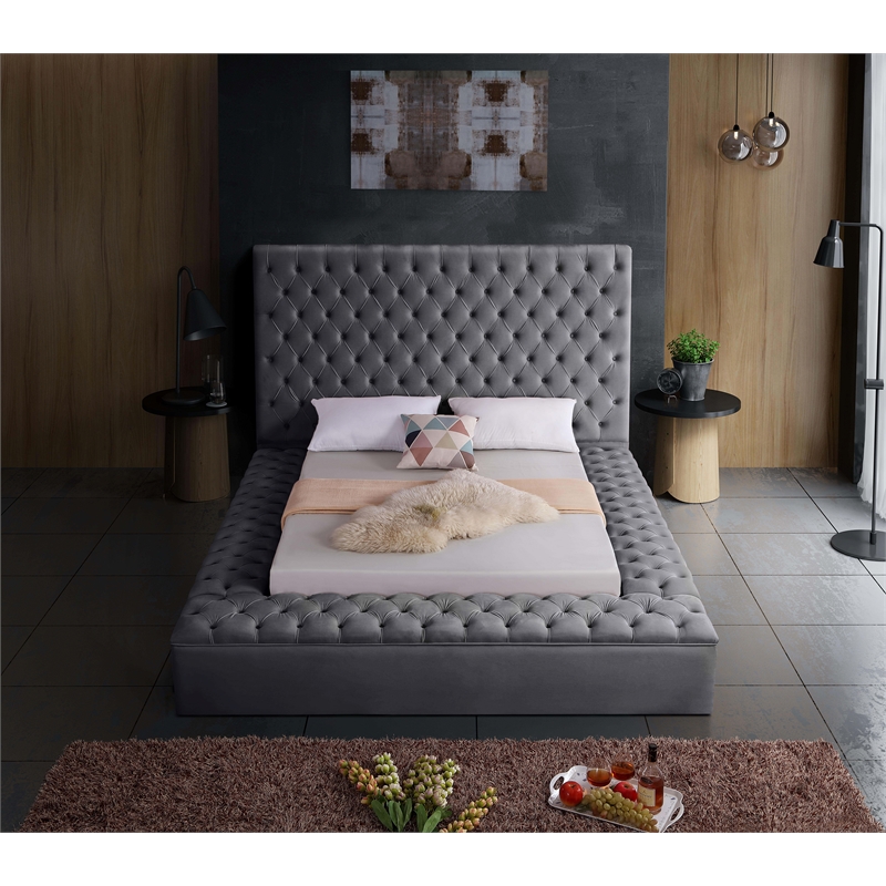 Home Square 3-Piece Set with Velvet King Bed and 2 Metal Nightstands