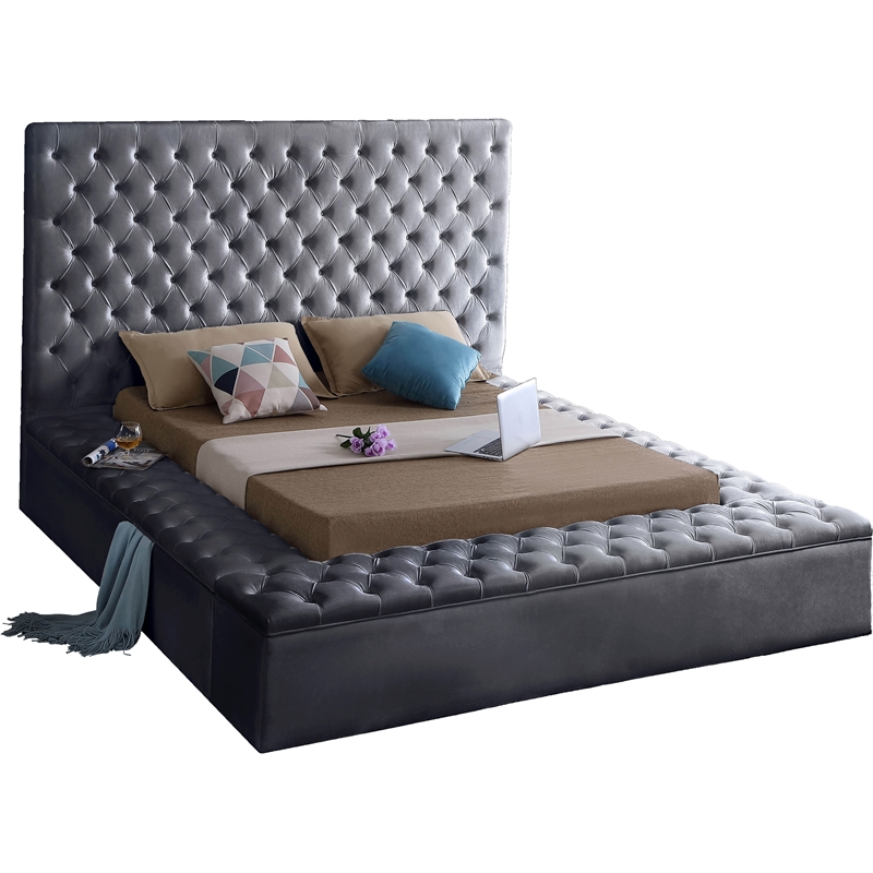 Home Square 3-Piece Set with Velvet King Bed and 2 Metal Nightstands
