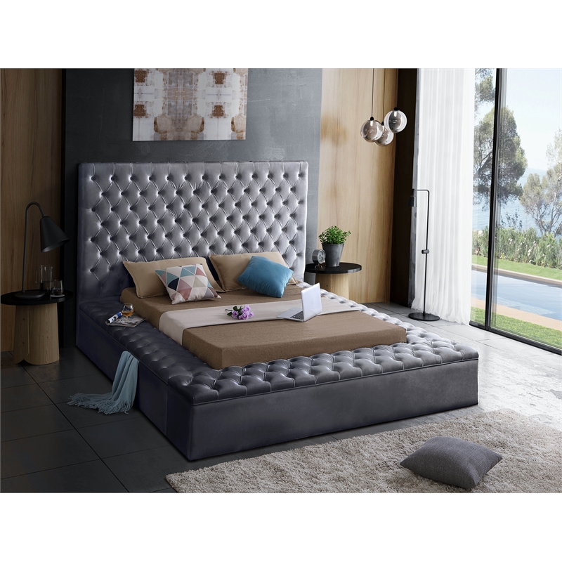 Home Square 3-Piece Set with Velvet King Bed and 2 Metal Nightstands