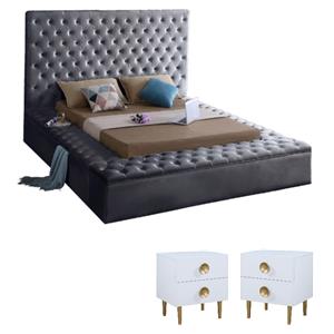 Home Square 3-Piece Set with Velvet King Bed and 2 Metal Nightstands