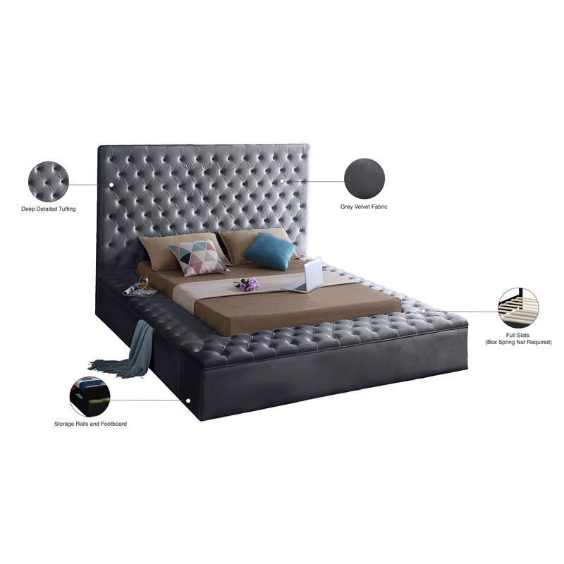 Home Square 3-Piece Set with Velvet Queen Bed and 2 Metal Nightstands