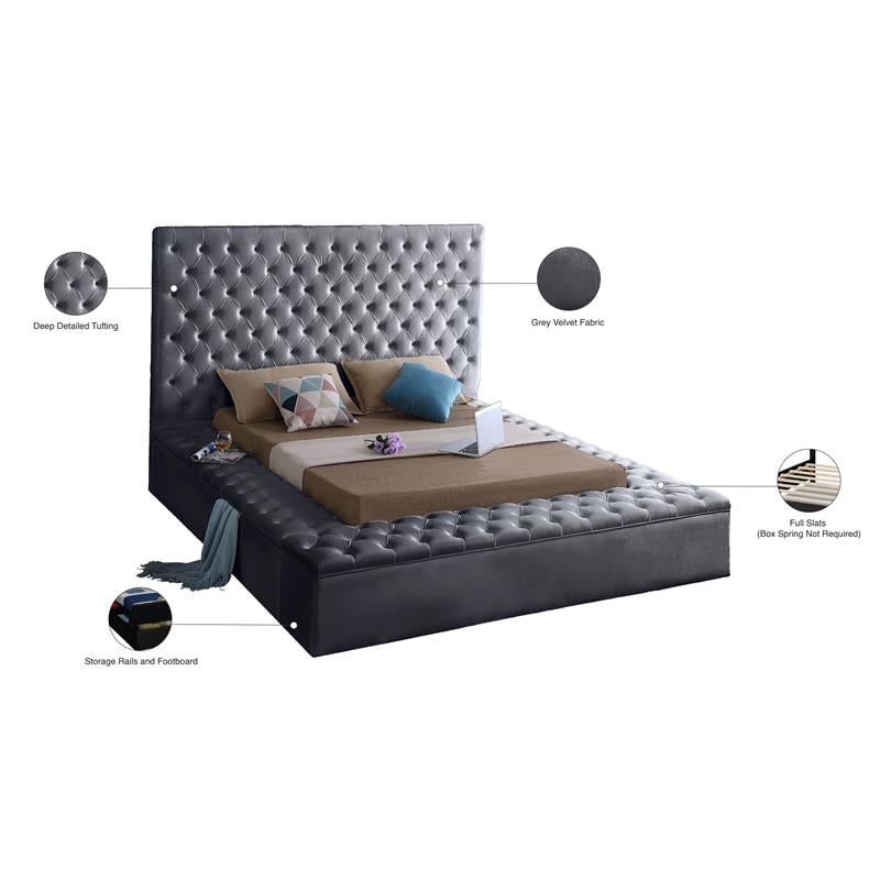 Home Square 3-Piece Set with Velvet Queen Bed and 2 Metal Nightstands