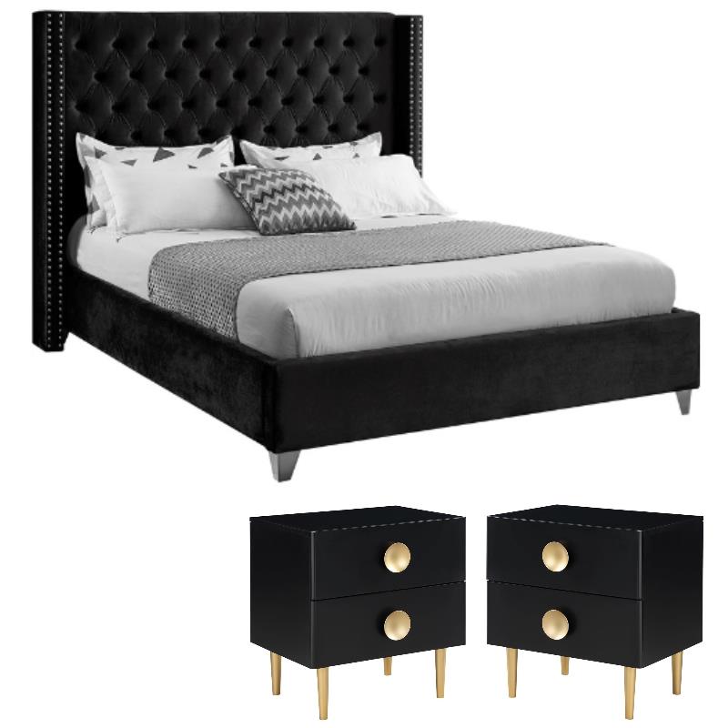 Home Square 3-Piece Set with Wing Back King Bed and 2 Metal Nightstands in Black