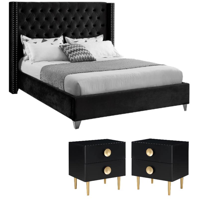 Home Square 3-Piece Set with Wing Back Queen Bed & 2 Metal Nightstands in Black
