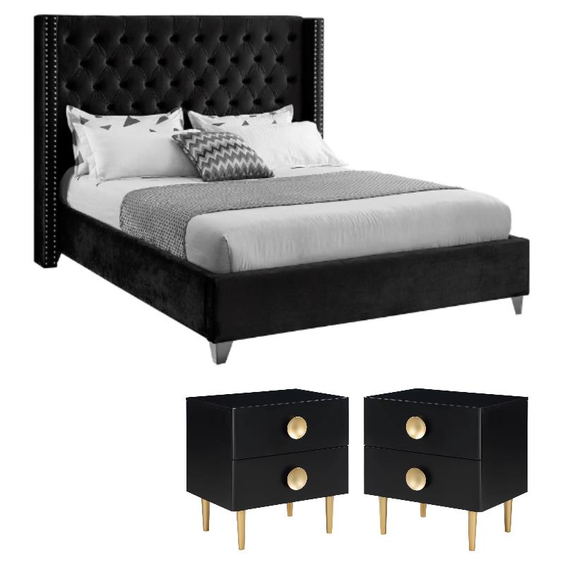 Home Square 3-Piece Set with Wing Back Full Bed & 2 Metal Nightstands in Black