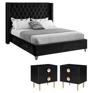 Home Square 3-Piece Set with Wing Back Full Bed & 2 Metal Nightstands in Black
