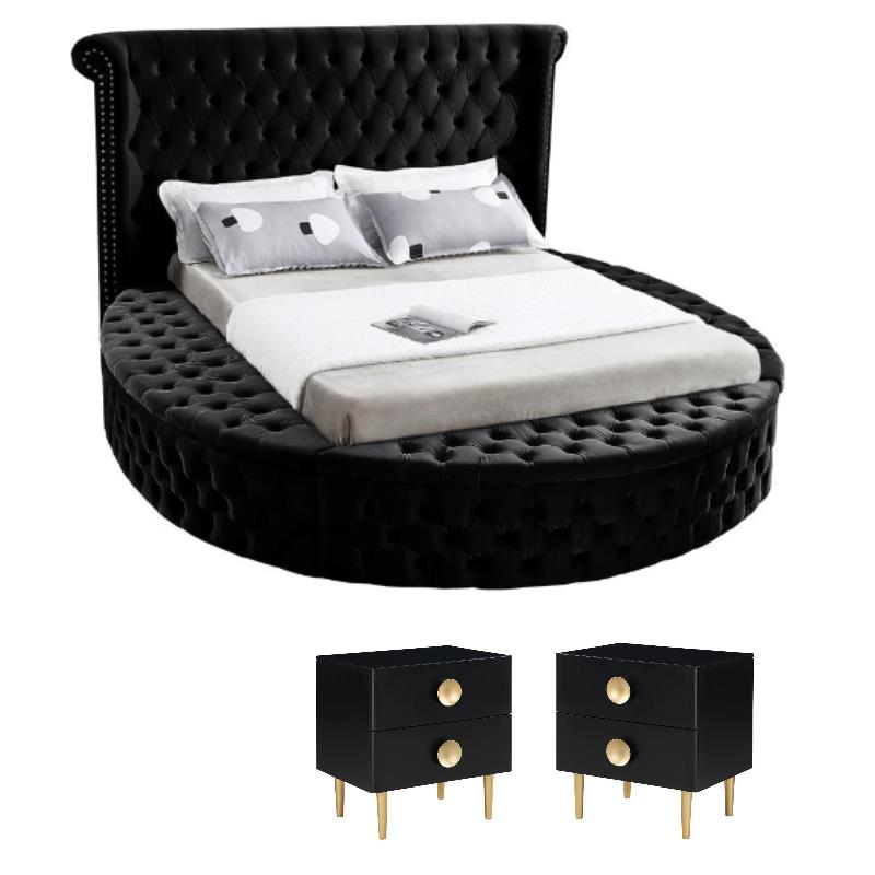Home Square 3-Piece Set with Luxus Velvet King Bed and 2 Metal Nightstands