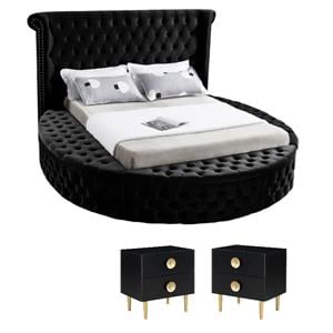 Home Square 3-Piece Set with Luxus Velvet King Bed and 2 Metal Nightstands
