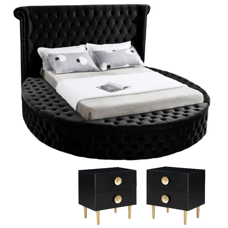 Home Square 3-Piece Set with Luxus Velvet Queen Bed and 2 Metal Nightstands