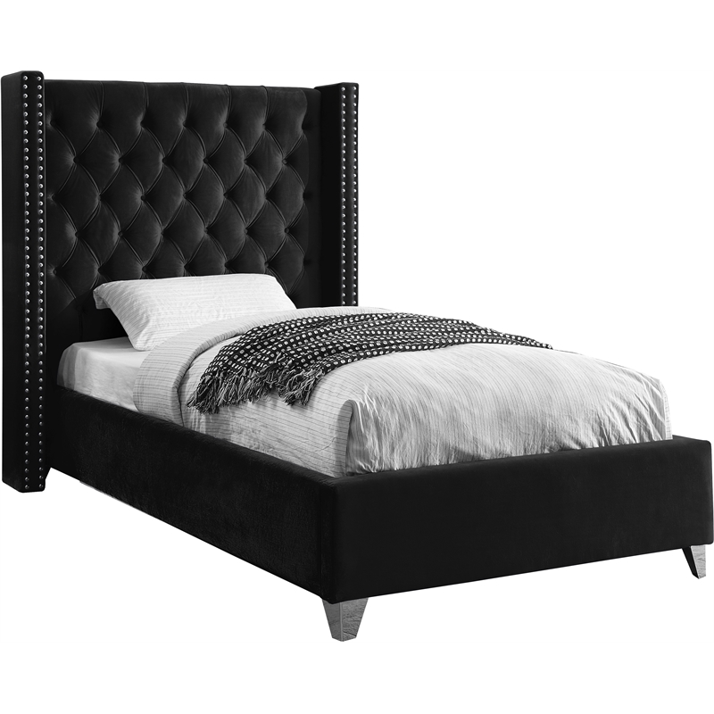 Home Square 3-Piece Set with Wing Back Twin Bed & 2 Metal Nightstands in Black