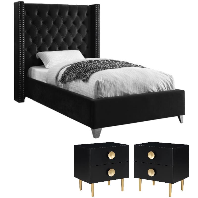 Home Square 3-Piece Set with Wing Back Twin Bed & 2 Metal Nightstands in Black