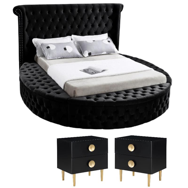 Home Square 3-Piece Set with Luxus Velvet Full Bed and 2 Metal Nightstands