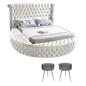Home Square 3-Piece Set with Luxus Cream Velvet King Bed & 2 Bali Nightstands
