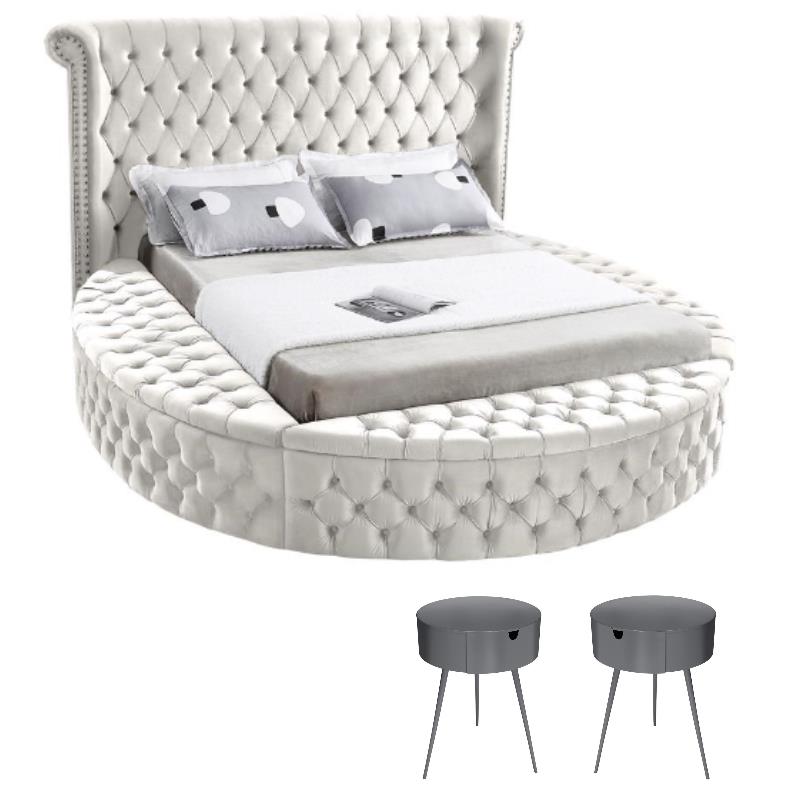 Home Square 3-Piece Set with Luxus Cream Velvet Queen Bed & 2 Bali Nightstands