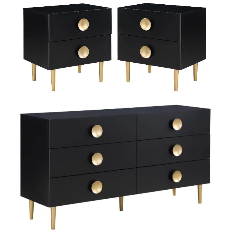 Home Square 3-Piece Set with Metal Dresser and 2 Nightstands in Rich Black