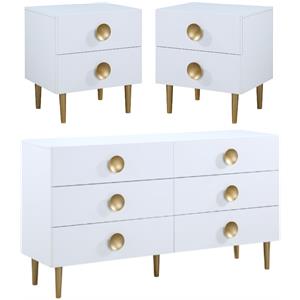 Home Square 3-Piece Set with Metal Dresser and 2 Nightstands in Rich White