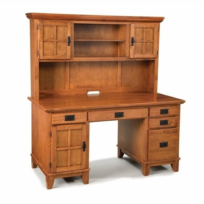 Home Square 2-Piece Set with Pedestal Desk with Hutch and Storage Bench in Brown