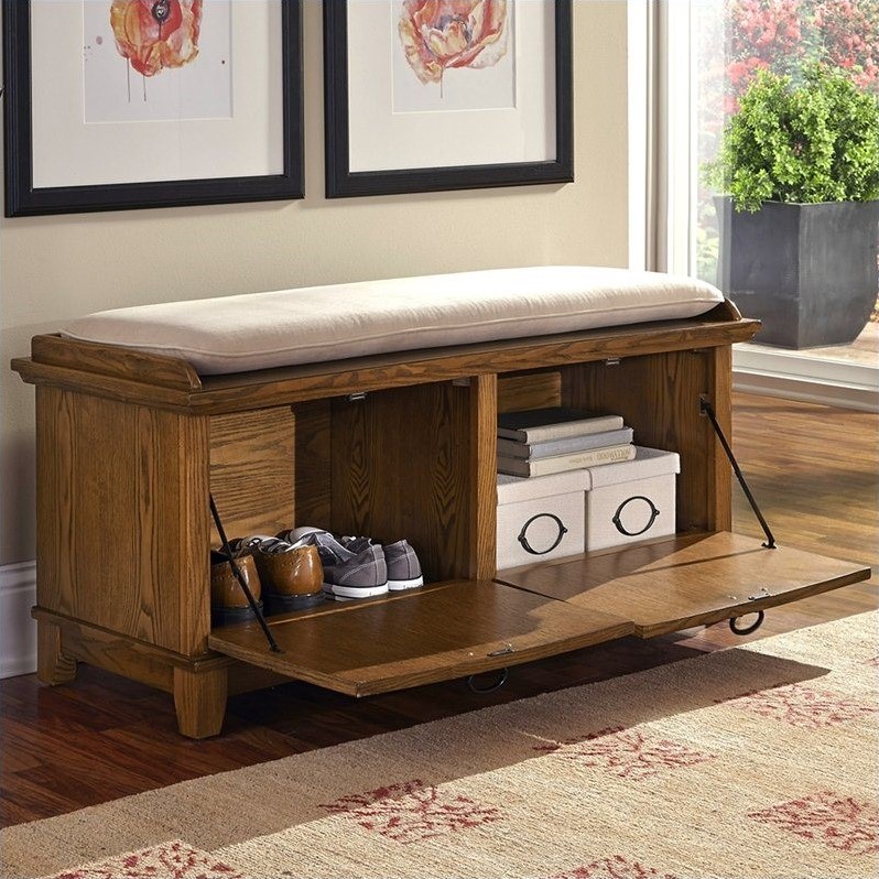 Home Square 2-Piece Set with Pedestal Desk with Hutch and Storage Bench in Brown