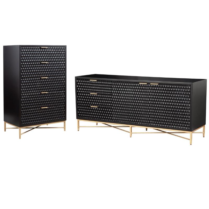 Home Square 2-Piece Set with 5 Drawer Chest and TV Console in Black