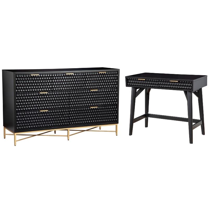 Home Square 2-Piece Set with 7 Drawer Dresser and Mini Wood Desk in Black