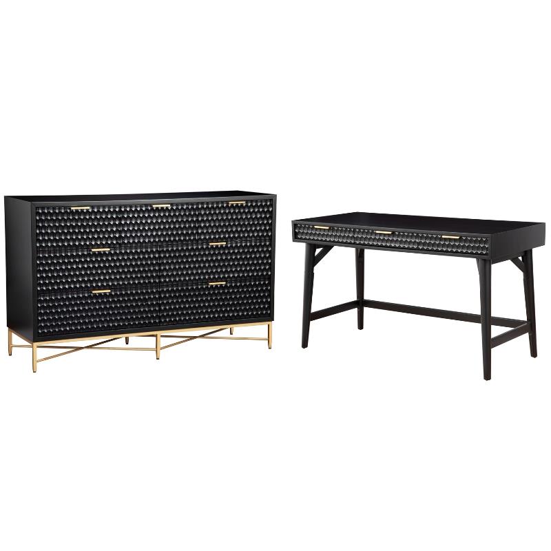 Home Square 2-Piece Set with 7 Drawer Dresser and Large Wood Desk in Black