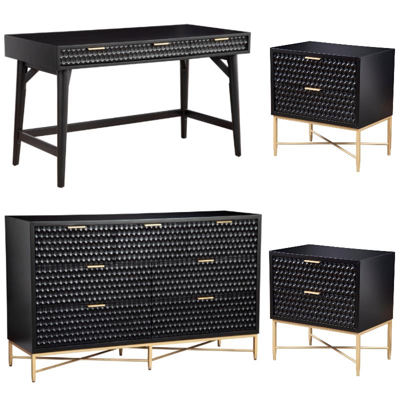 Home Square 4-Piece Set with 7 Drawer Dresser & 2 Nightstands & Large Wood Desk