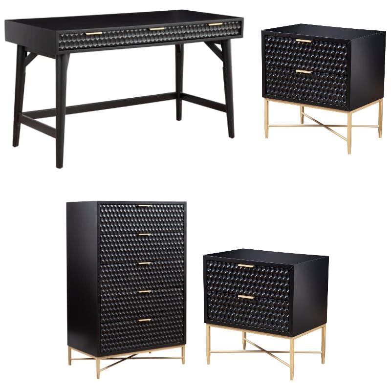 Home Square 4-Piece Set with 5 Drawer Chest & 2 Nightstands & Large Wood Desk