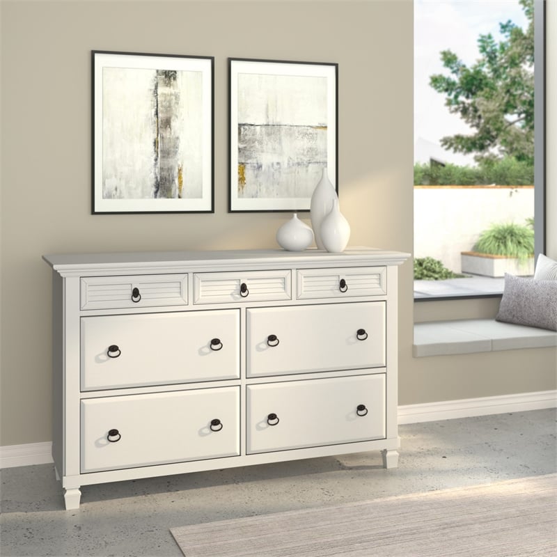 Home Square 2-Piece Set with 7 Drawer Dresser and Queen Panel Bed in White