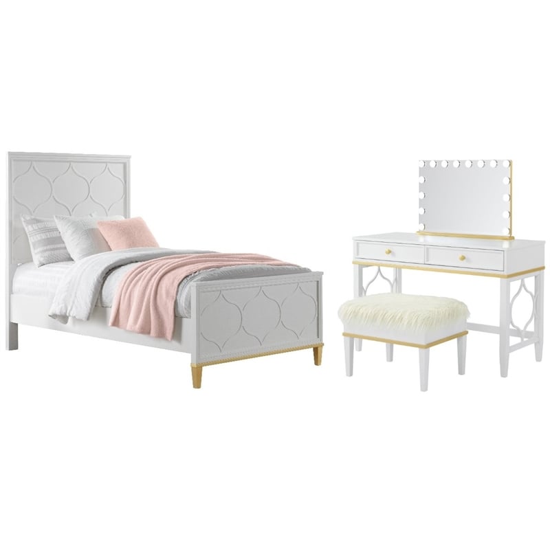 Home Square 2-Piece Set with Emma Vanity & Twin Panel Bed in White and Gold