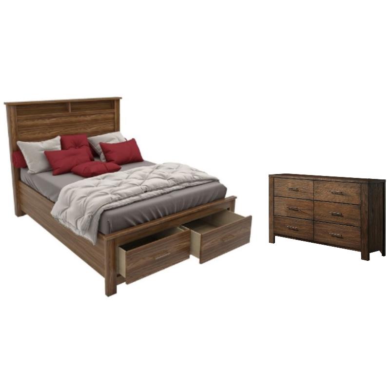 Home Square 2-Piece Set with Queen Storage Bed and 6 Drawer Dresser in Oak