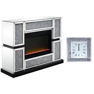 home square 2-piece set with fireplace in mirrored & mirrored wall clock