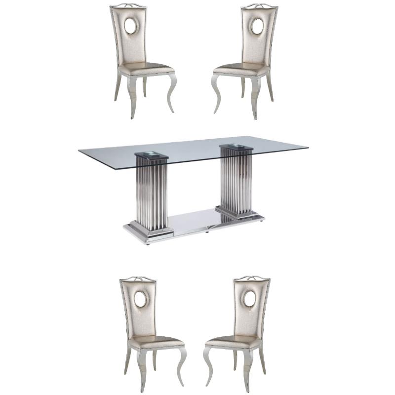 Home Square 5-Piece Set with Clear Glass Dining Table & 4 Side Chairs in Beige