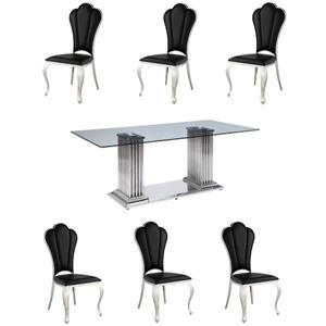 Home Square 7-Piece Set with Steel Dining Table & 6 Side Chairs in Black