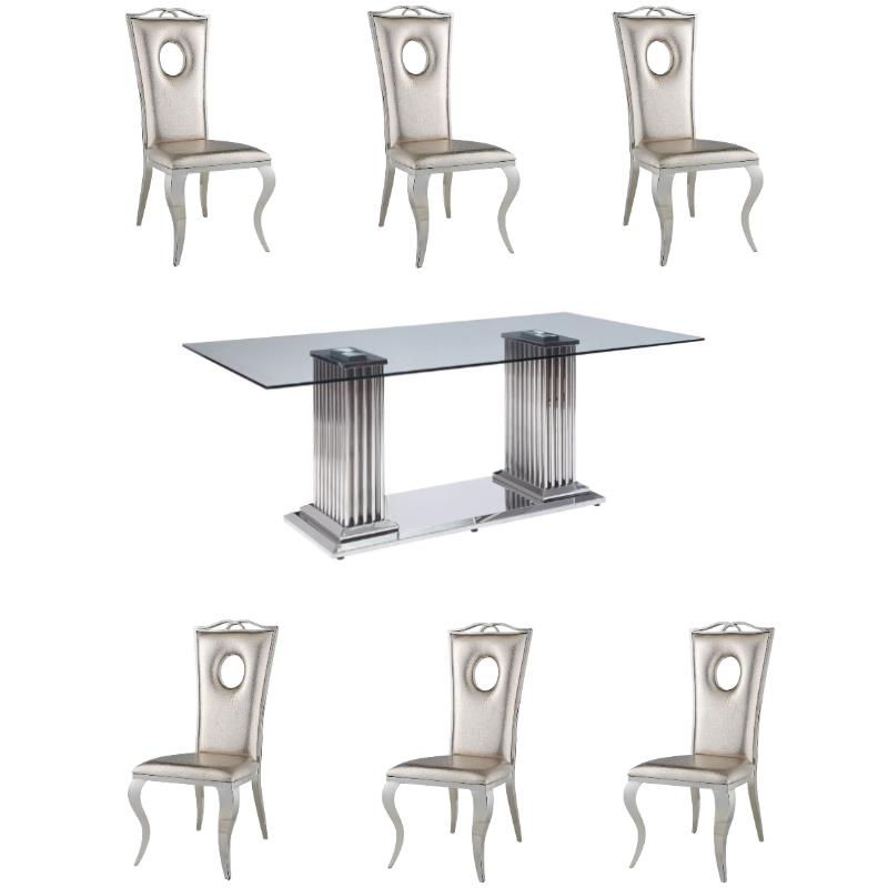 Home Square 7-Piece Set with Clear Glass Dining Table & 6 Side Chairs in Beige