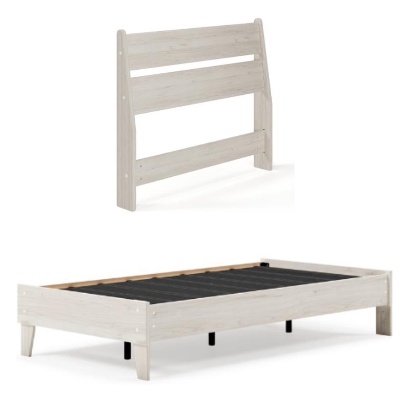 Home Square Twin Size Platform Bed with Low Profile Open Slat Headboard in Beige