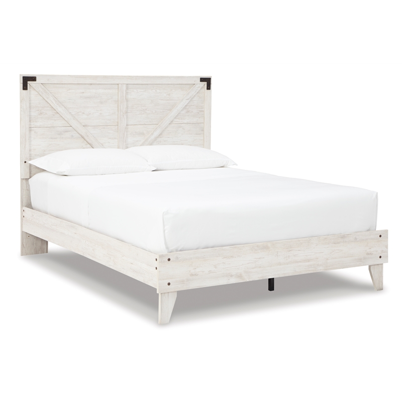 Home Square Queen Size Platform Bed with Low Profile Headboard in Whitewash