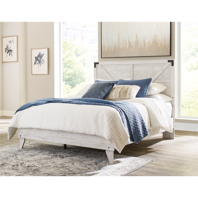 Home Square Queen Size Platform Bed with Low Profile Headboard in Whitewash