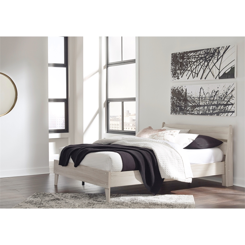 Home Square Queen Size Platform Bed with Low Profile Open Slat Headboard - Beige