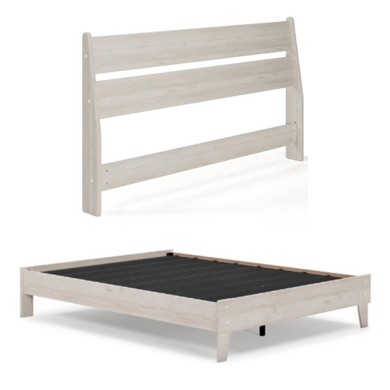 Home Square Queen Size Platform Bed with Low Profile Open Slat Headboard - Beige